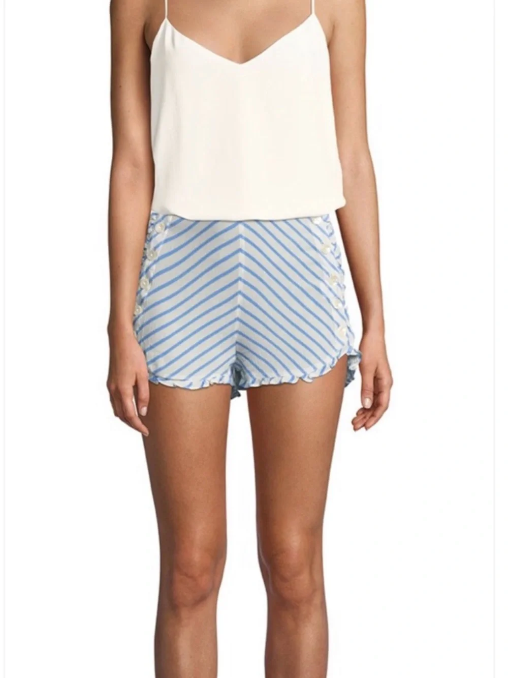 Tularosa Striped “Rae” High Rise Button-Trim Ruffle Edge Shorts - Picture 2 of 11